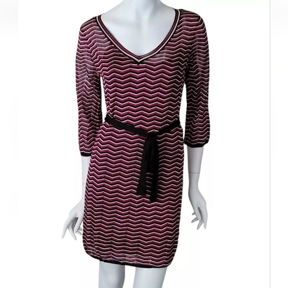Trina Turk Purple, Black White Chevron Knit Belted Shift Knee Length Dress M - Picture 1 of 10